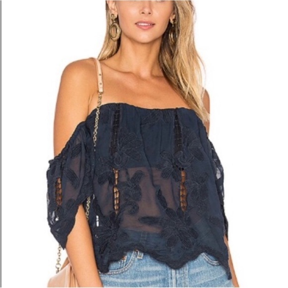 Lovers + Friends Tops - Lovers + Friends Navy Blue Lace Sheer Off the Shoulder Top Size M